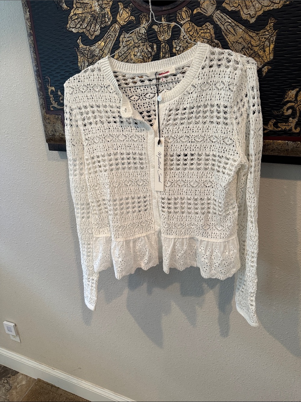 Mustard Seed Ivory Crochet Peplum Button-Front Cardigan